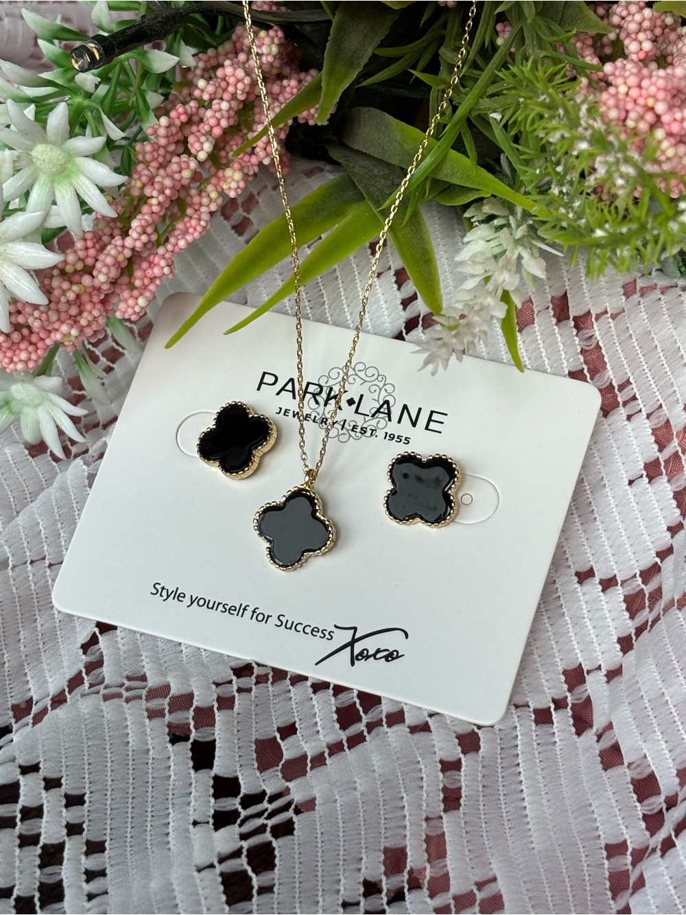 Park Lane Lana Black Clover Pendant Necklace and Stud Earrings Set